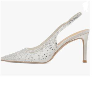 XYD White Slingback Stiletto Heels Dazzled Rhinestones Studs Mesh Pumps